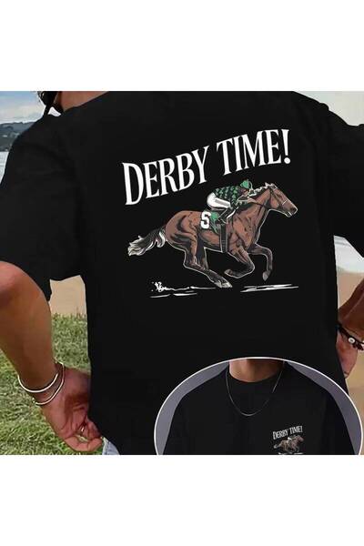 NOURAM Casual Crew Neck T-Shirt, DERBY TIME Horse Racing Print, Equestrian Sp...