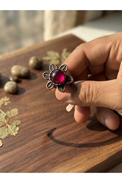 Meneva Aksesuar Special Design Adjustable Copper Ring with Red Agate Natural ...