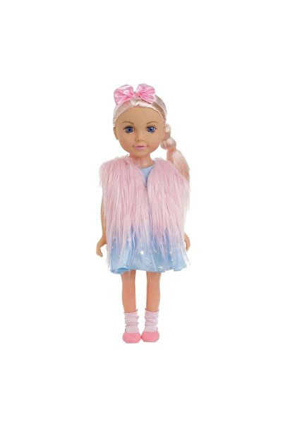 Jumbo Păpușă Fashion Girl cu vestă roz din imitație de blană și panglică, 45 cm
