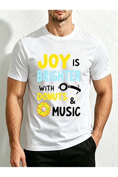 BASEPULSE تي شيرت رجالي أنيق، مطبوع عليه نص "Joy Is Brighter with Donuts" برس...