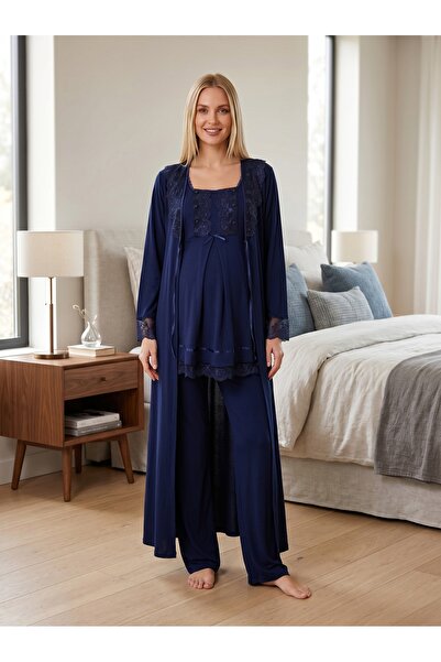 Lohussa New Season Navy Blue Summer Long Dressing Gown Lace Detailed Design B...