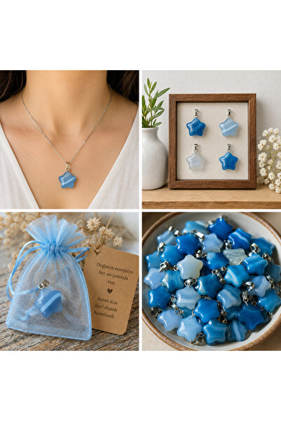 best bioenerji taş terapi Blue Agate Starry Natural Stone Necklace |   Certif...