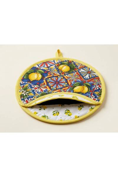 FivenStudio Lemon Patterned Lavash Bread Cover 28 cm |   Water-Repellent Duck Linen Fabric |   Round Bread Storage and Serving Case