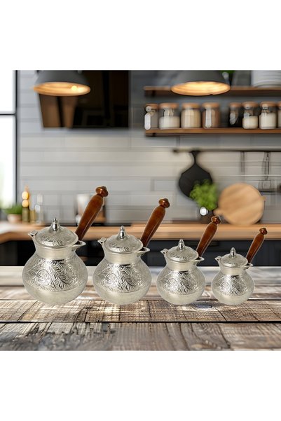 Al Athar Arts Brass Turkish Coffee Warmer Pot with Lid – Hand Engraved Silver Plated(H:5.5"W:4"Capacity:500ml)