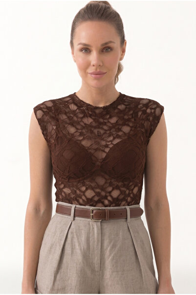 ONLİO GİYİM Brown Lace Patterned Transparent Crew Neck Summer Blouse