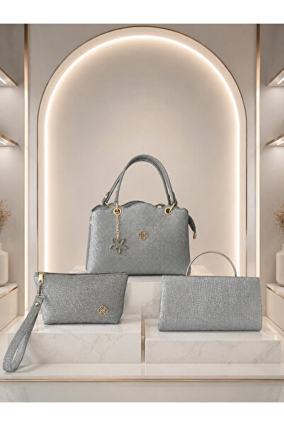 PefyBaby 3-Piece Women's Bag Set Gray Glitter Fabric Detailed Hand and Should...