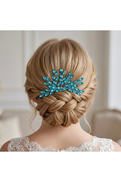 gelinmz Blue Crystal Leaf Design Bridal Hair Comb – Handmade Hair Accessory