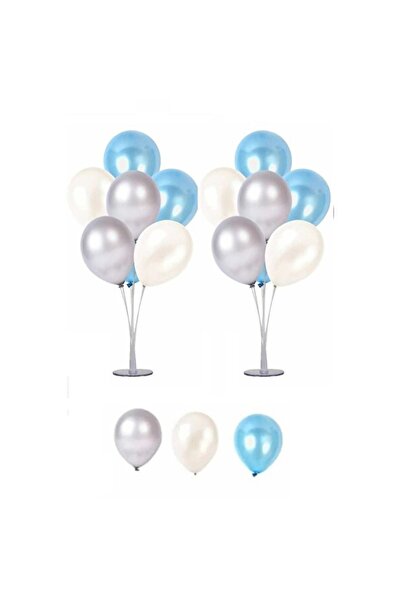Empressco 7-Piece Balloon Stand and Silver-Blue White Metallic Balloons Set
