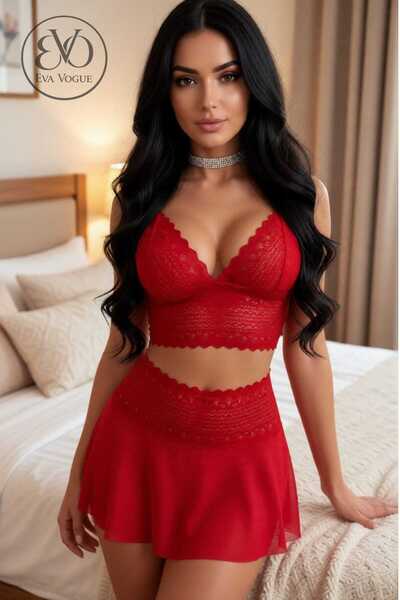 Kadın Kırmızı Dantel ve Tül Detaylı Etekli Şık Gecelik Takımı Babydoll Fantazi Gecelik Şık İç Giyim