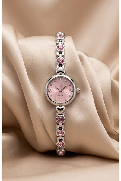 KLISHE Butik Diamond Kadın Çelik Saat Gümüş Renk & Pembe Kadran & Taşlı Vinta...
