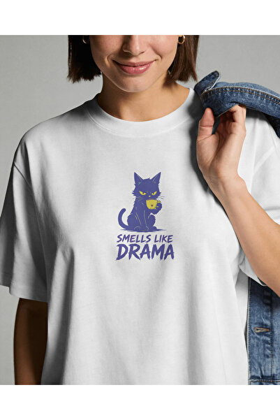 buzagi Smells Like Drama Regular Unisex White T-Shirt