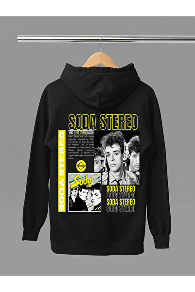 MAGORS سويت شيرت روك بقلنسوة من القطن مطبوع عليه SODA STEREO بأكمام طويلة و3 ...
