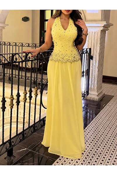 Jood Lemon Evening Dress with Shimmering Embroidery and Chiffon Skirt