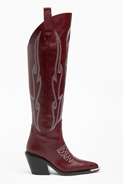 DENORA Burgundy Matte Leather Metal Toe Cap Above-Knee Embroidered Western Co...