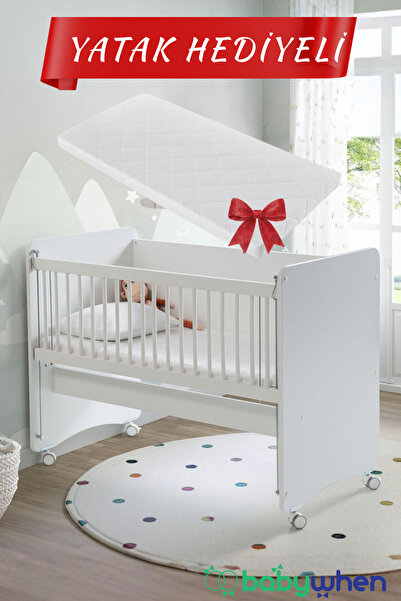 Babywhen Anne Yanı Bebek Beşiği 3 Kademeli Tekerlekli Beyaz 60 × 120 cm (Yata...