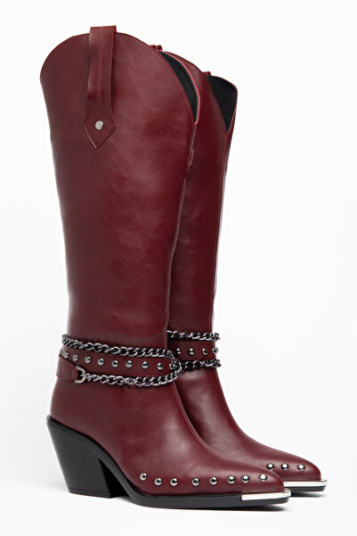 DENORA Burgundy Matte Leather Metal Toe Cap Below the Knee Staple Belt Detail...