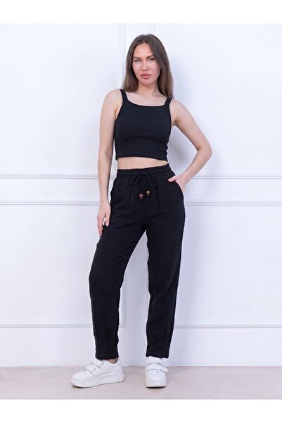 Flubutik Women's Black Muslin Cotton Pleated Trousers