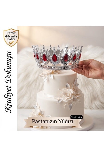 KAYA SÜS 2 Gümüş Detaylı Kırmızı Kristal Taşlı Pasta Tacı – Lüks Pasta Süsü