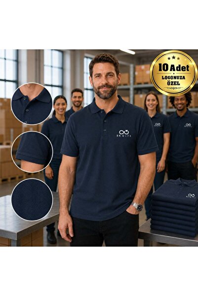Bk Gift 10 Pieces of Navy Blue Polo Collar T-Shirts with Your Logo - Cotton U...
