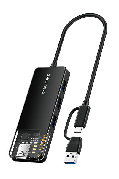 Cabletime USB hub CT-HUBT5-PB, 4x θυρών, 10Gbps, USB/USB-C σύνδεση, μαύρο