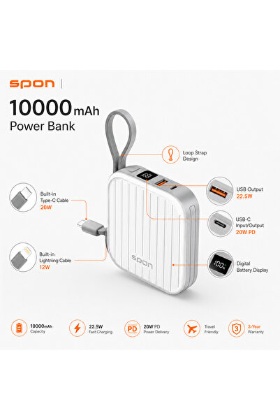 Spon 10000Mah Power Bank 22.5W Fast Charging Built in Type C and Lightning Ca...