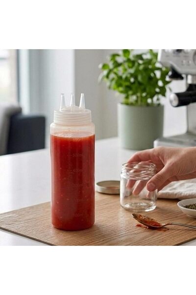 Cuisine Art 3-Nozzle Squeeze Bottle 24oz/600ml White PE Plastic Condiment Dispenser with Measurement