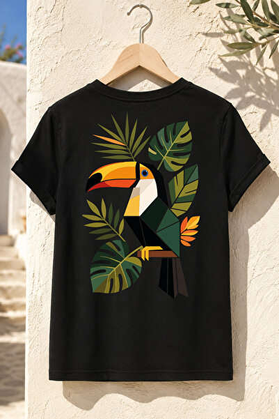 Spoyi Tropik Tukan Tasarımlı %100 Pamuk Yarım Oversize Siyah T-Shirt