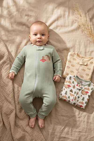 Mıdırık Unisex Bebek Pamuklu Fitilli Kirpi Desenli 3'lü Tulum Seti - Yumuşak ...