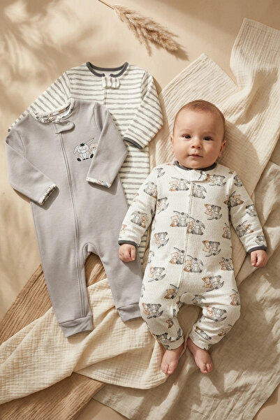 Mıdırık Nube Soft Pamuklu 3'lü Bebek Tulum Seti - Gri & Ekru Hayvan Figürlü Çizgili Desenli Fermuarlı Pijama