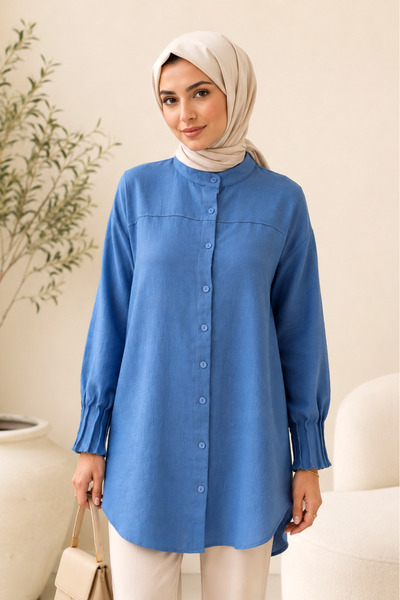 SADEL Oversize Kol Manşeti Drapeli Gömlek - İndigo