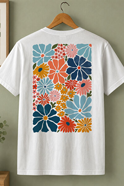 Spoyi Colorful Daisy Design 100% Cotton Half Oversize White T-Shirt