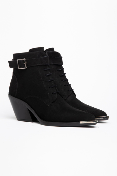 DENORA Black Matte Suede Lace-Up Zippered Metal Toe Western Cowboy Short Ankl...