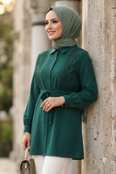 N.S NEVA STYLE Lace Detailed Petrol Green Hijab Tunic 20384Py