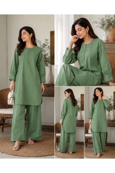 Libas lab - Olive Green Cotton Co-Ord Set with Pintuck Detail & Wide-Leg Pants
