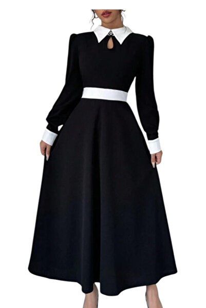 OEM Rochie eleganta, cu detalii albe, lunga, de culoare neagra, marimea XS