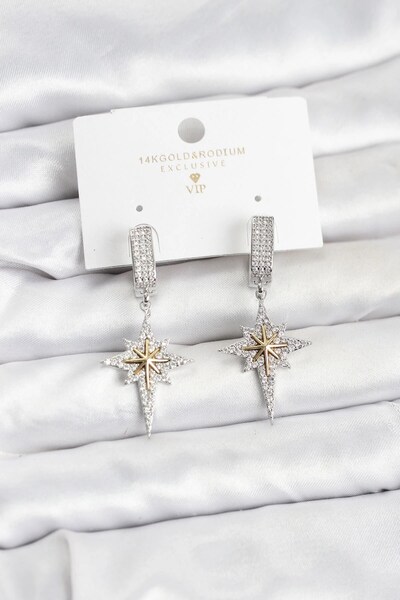 TakÇalıştır Zircon Stone Silver Color Brass Polar Star Model Women's Earrings