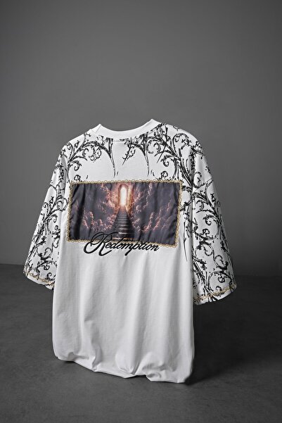 Slatra Men's White Redemption Patch Printed Oversize Tshirt