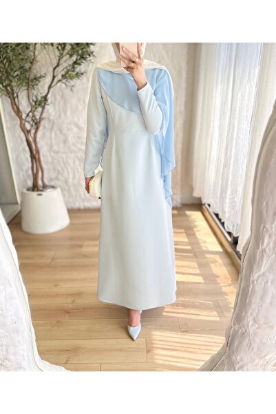 BELLASTORE Women's Baby Blue Chiffon Cape Detailed Hijab Evening Dress