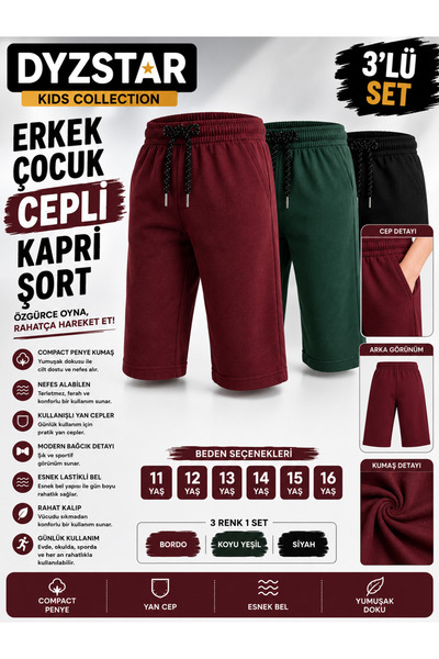 DYZSTAR Erkek Çocuk 3 lü Cepli Kapri Şort Seti Bordo Siyah Koyu Yeşil Compact...