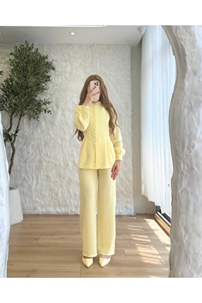 BELLASTORE طقم نسائي مكون من قطعتين بأزرار صفراء