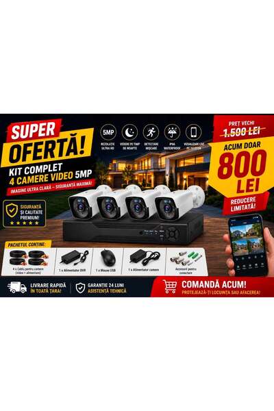 Hikvision Kit/sistem Complet de supraveghere video cu 4 camere FULL HD 5 MP S...