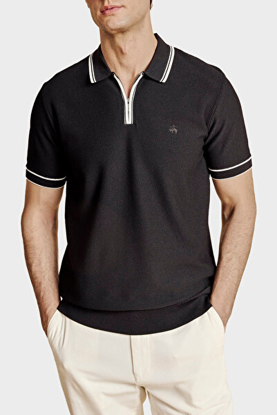 BROOKS BROTHERS Half Zipper Honeycomb Knit Rayon Short Sleeve Polo Collar Swe...