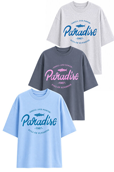 DI LORIA Γυναικείο μπλουζάκι Oversize Paradise με στάμπα Lycra με λαιμόκοψη π...