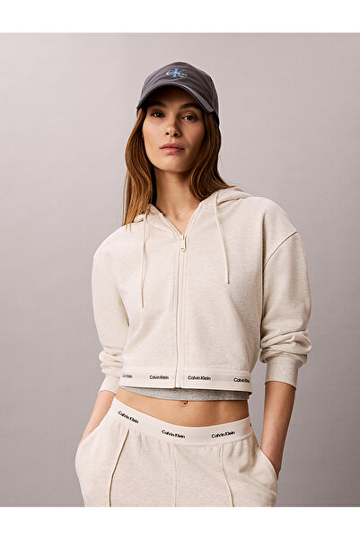 Calvin Klein Kadın Rahat Kesim Kapüşonlu Pamuklu Fermuarlı Crop Krem Sweatshirt
