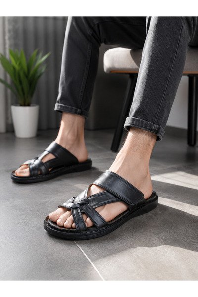 Kardeşler SHOE Black Genuine Leather Men's Velcro Slippers Ultra Orthopedic S...
