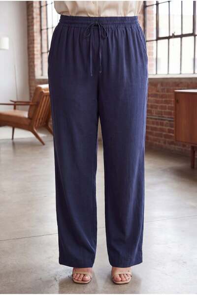 RMG Beli Lace-Up Large Size Linen Trousers Navy Blue