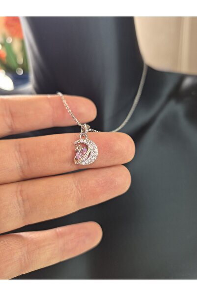 Silver Zirkon Detay Pembe Taşlı Ay Yıldız Tasarım Çelik Kolye