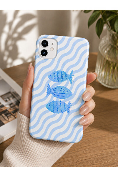 OVADA İphone 12/12 Pro Uyumlu Mavi Balık Desenli Kadife Soft Telefon Kılıfı