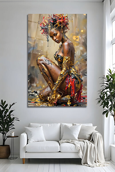 Parıltı Yayınları Gold Detaylı Afrikalı Kadın Cam Tablo Soyut Duvar Dekoru
