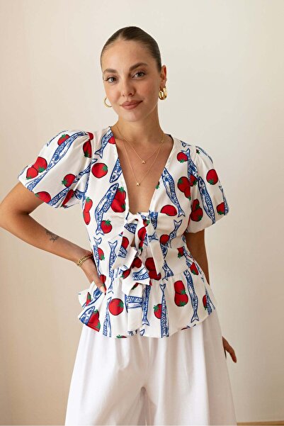 BRTC design Women's White Balloon Sleeve Tie Detailed Patterned Blouse